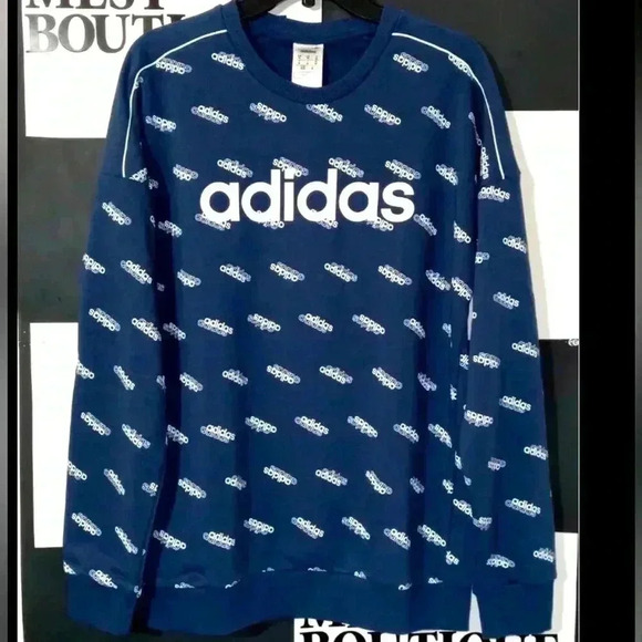 Adidas Sweatshirt Adult  Blue All Over Print Spellout Sweatshirt medium size - Picture 1 of 4